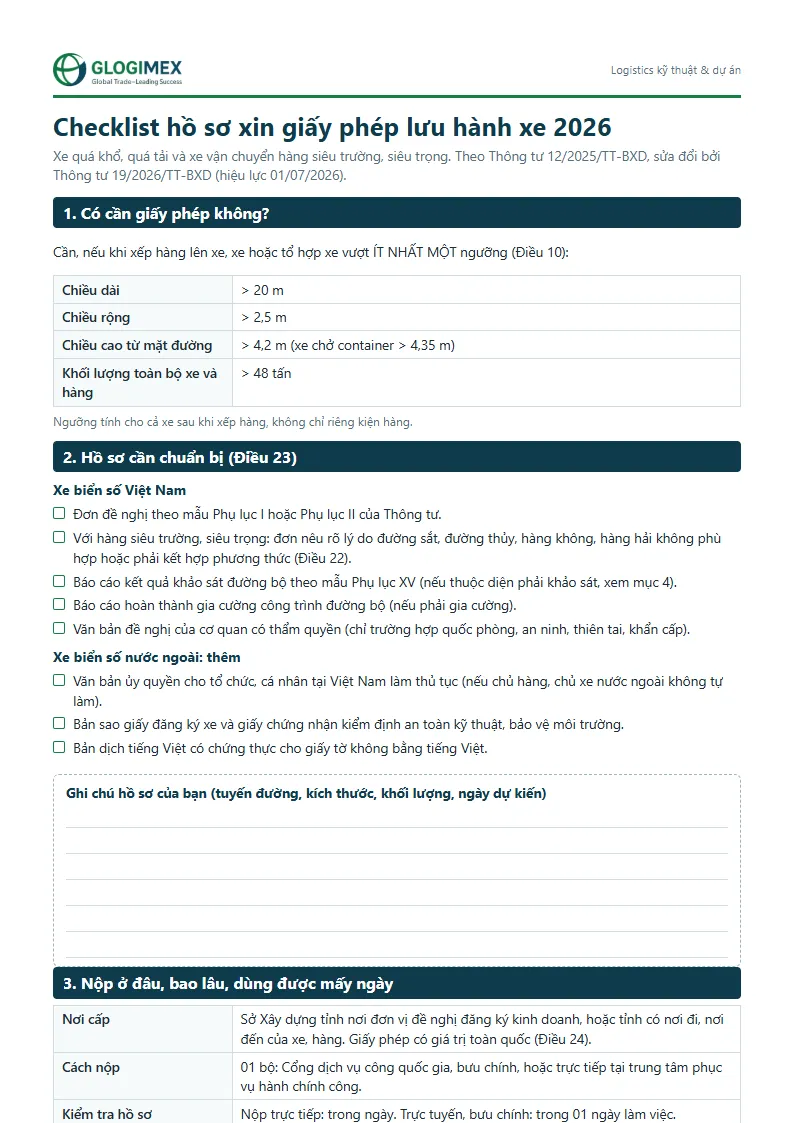 Trang đầu checklist hồ sơ giấy phép lưu hành xe 2026